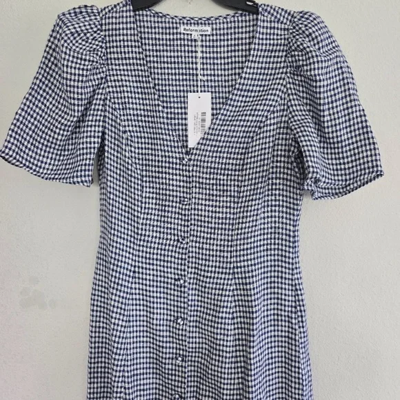 Reformation Newbury Linen Dress Sz 6 Challah Check Button Down New - Picture 3 of 14
